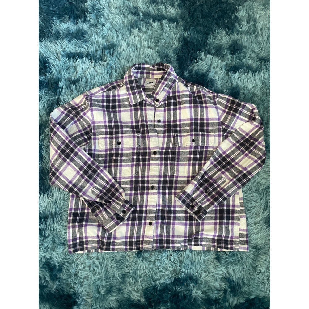 Obey Organic Plaid Flannel‎ Shirt Kids Size XL Purple Black White Button Up